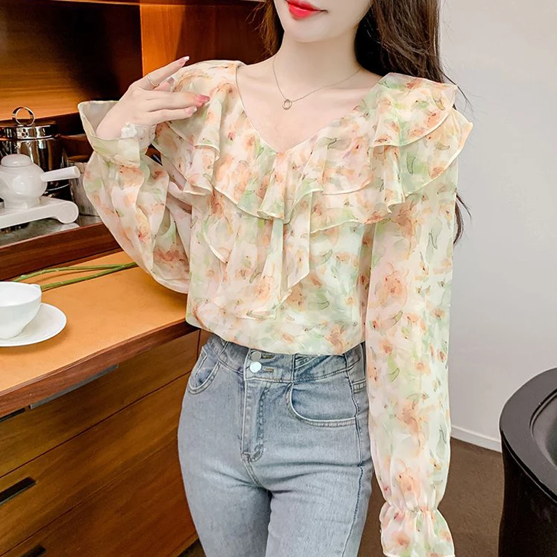 Women\'s Korean Fashion Ruffles Floral Print Sweet Chic Blouse Elegant V Neck Long Sleeve Chiffon Shirt Casual Tops Female Blusas