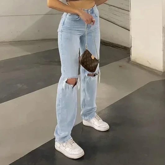 Women Jeans Washing Y2k Denim Straight Mom Pants Ankle Length High Waist Zipper Holes Pockets Loose Streetwear Casual Work