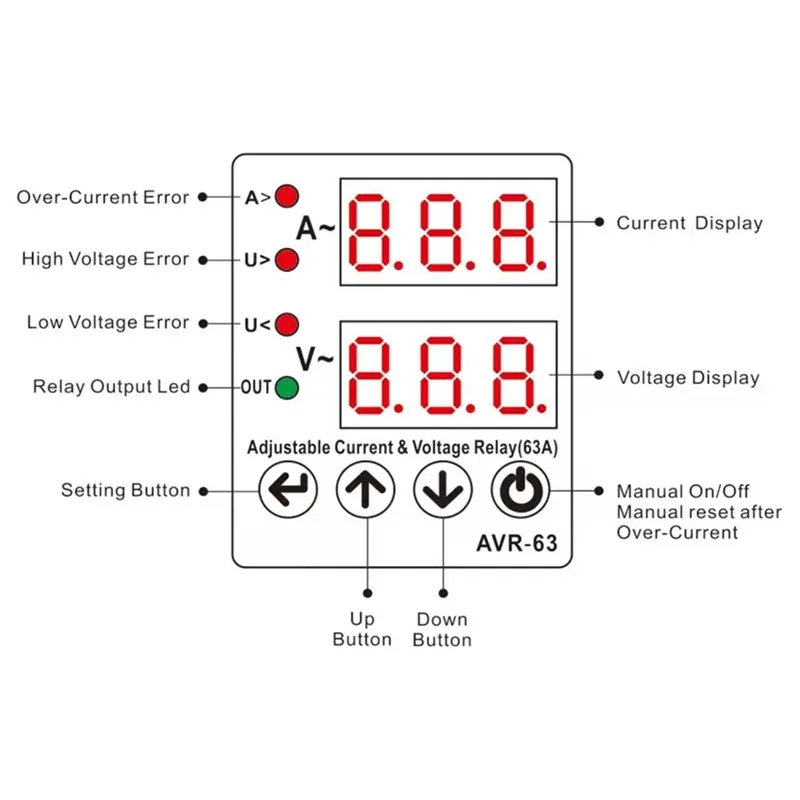 A93E-AVR-63A Dual Display Adjustable Voltage And Over-Current Protection Relay Based Automatic Voltage Protector