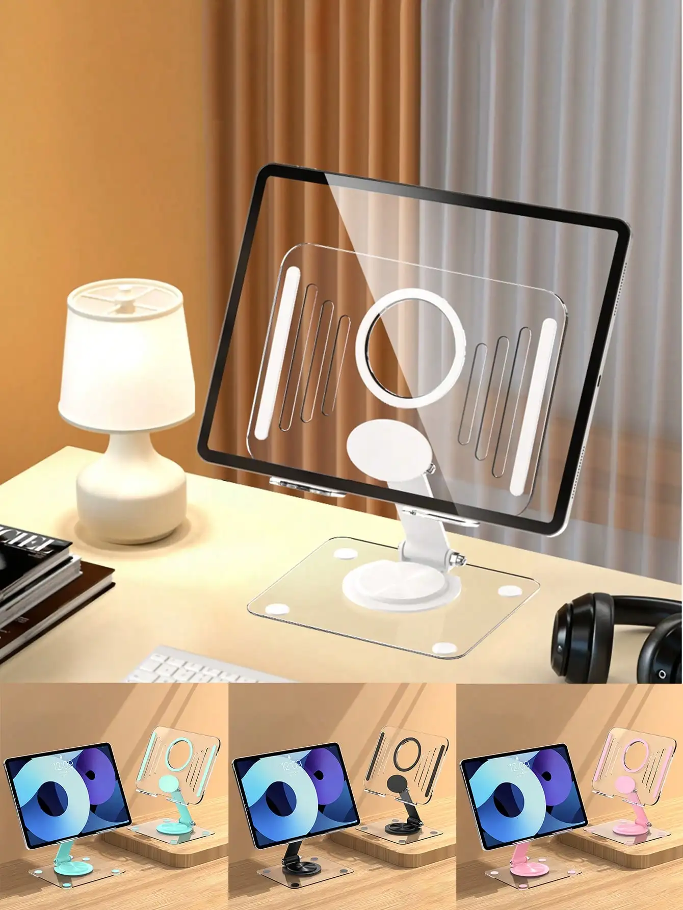 Adjustable Tablet Stand: 360° Rotating Desktop Mount (4–12.9 Inches), Compatible with Tablets and Smartphones, Foldable Design f