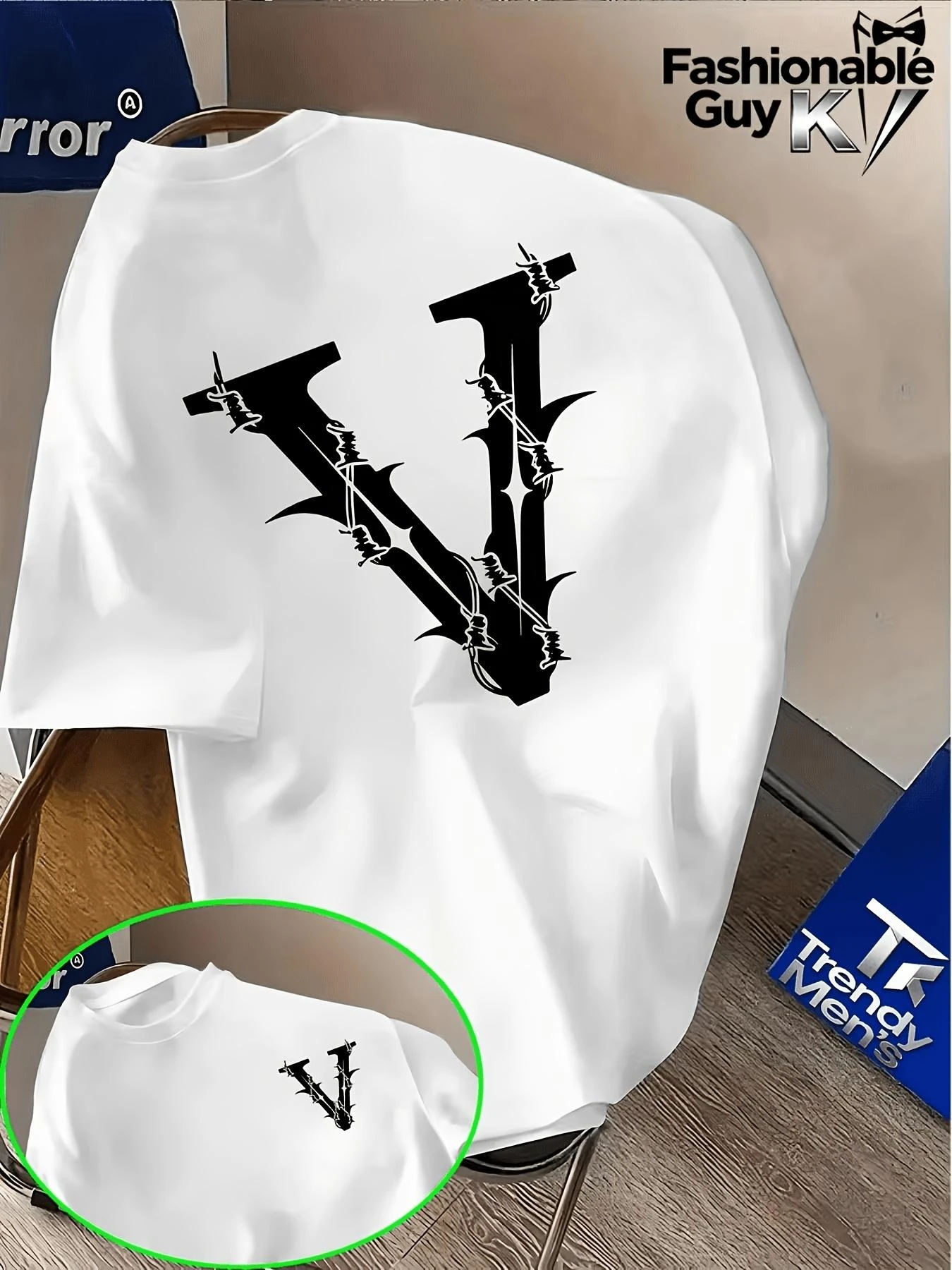 Cultural T-shirt Featuring A Simple Yet Large V-shaped Thorn Pattern Print.It Combines Core Elements of Western Cultural