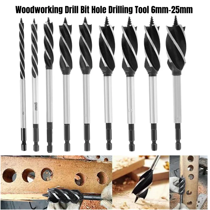 

6mm-25mm Four-slot Woodworking Drill Bit Hole Drilling Tool with Center Drill Head and 1/4'' Hex Shank for Woodworking Opening