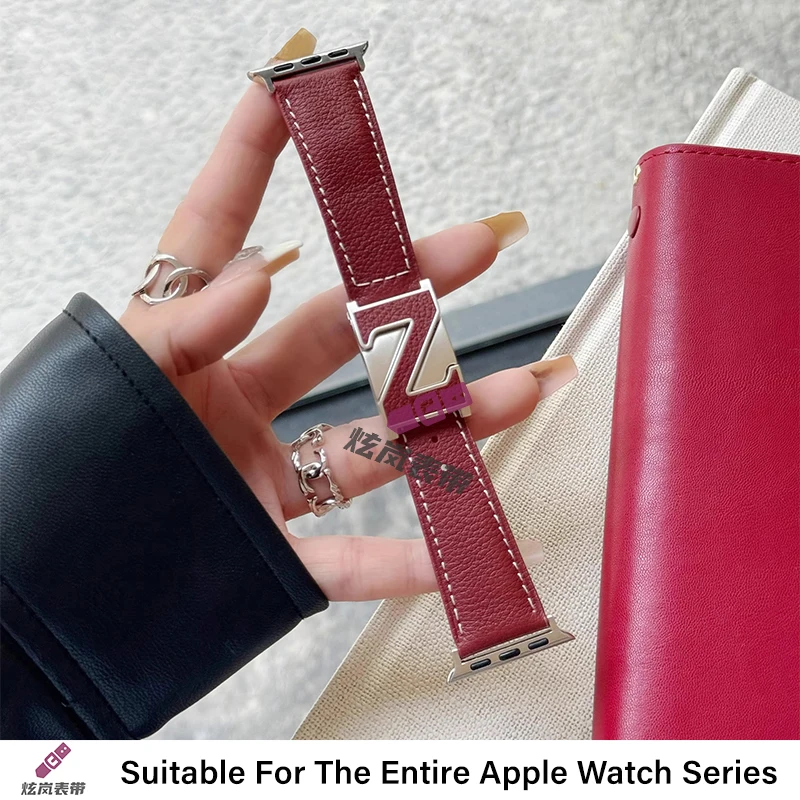 Z-shaped Magnetic Field Buckle Leather Strap for Apple Watch ultra 2 Band 49mm 44mm 38mm 40mm 45mm 41m Bracelet iWatch Series 9