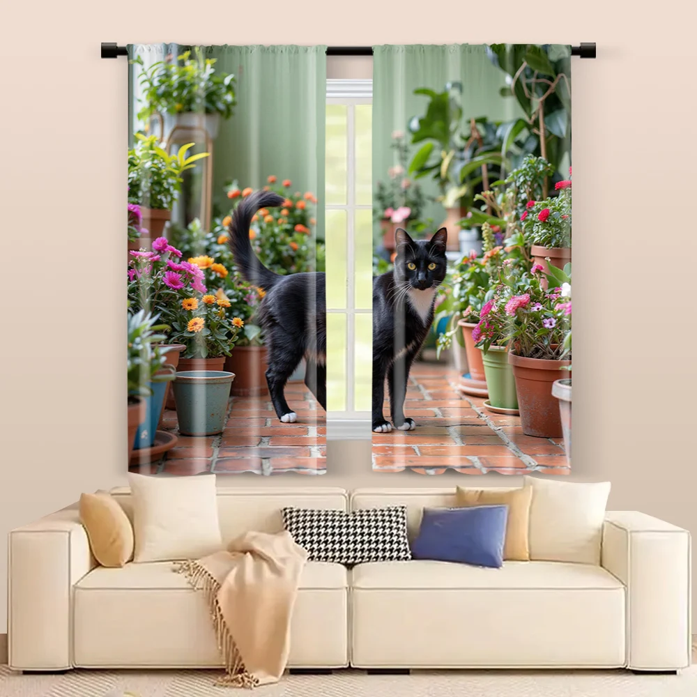 2 pcs, filtering curtains (excluding rods, non-movable, without batteries) Anime-Inspired Black Cat and Houseplant for use in