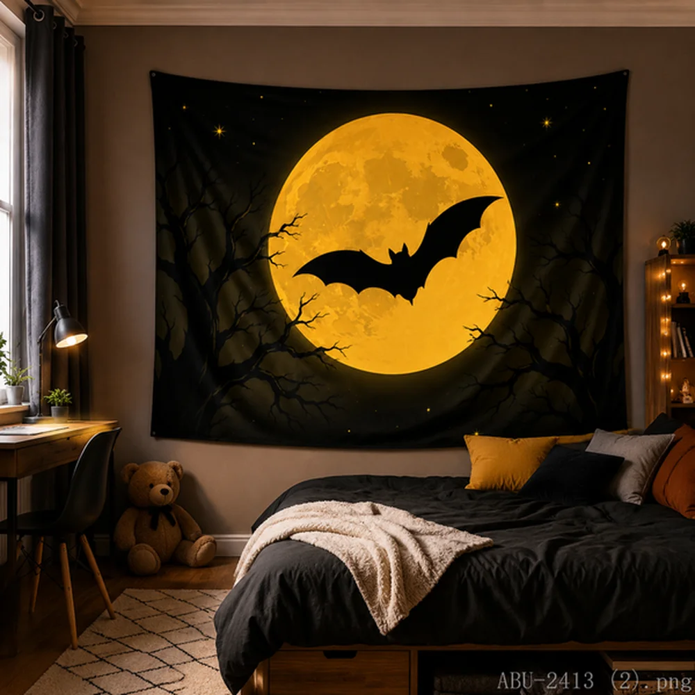 VIKAMA Halloween Tapestry Stacked Jack-o-lanterns Bats Spider Web Crescent Moon Night Art