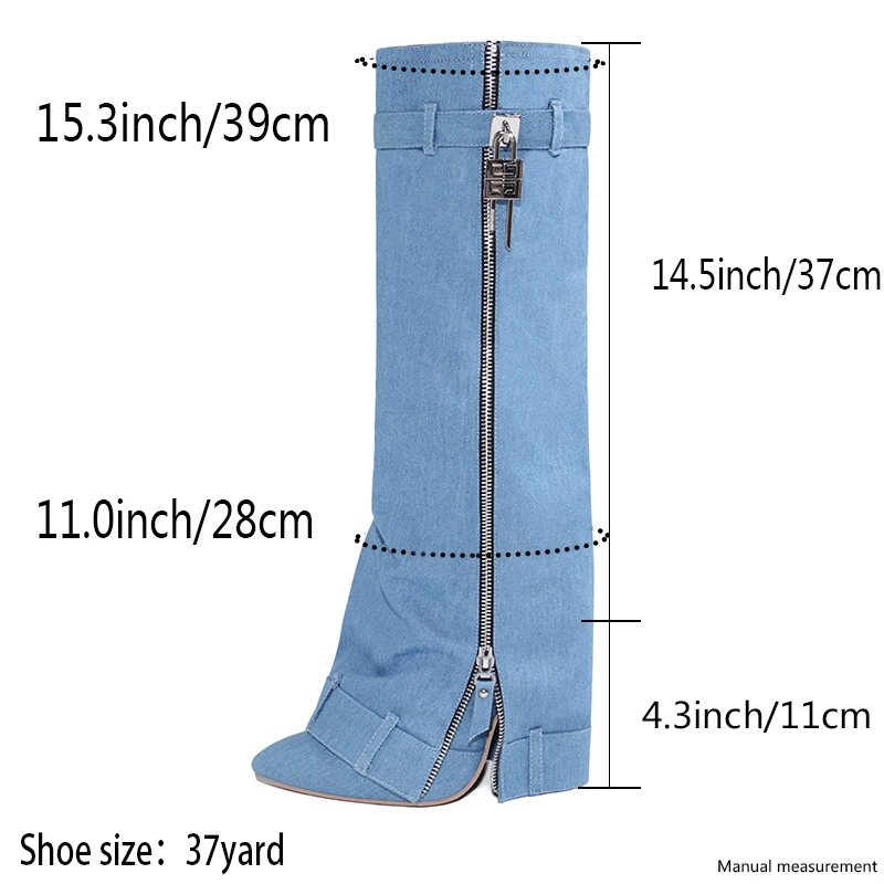 2025 Black Denim Women Knee High Boots Size 34-43 Shoes Trouser Boots Pointed Toe High Heel Cowboy Boots