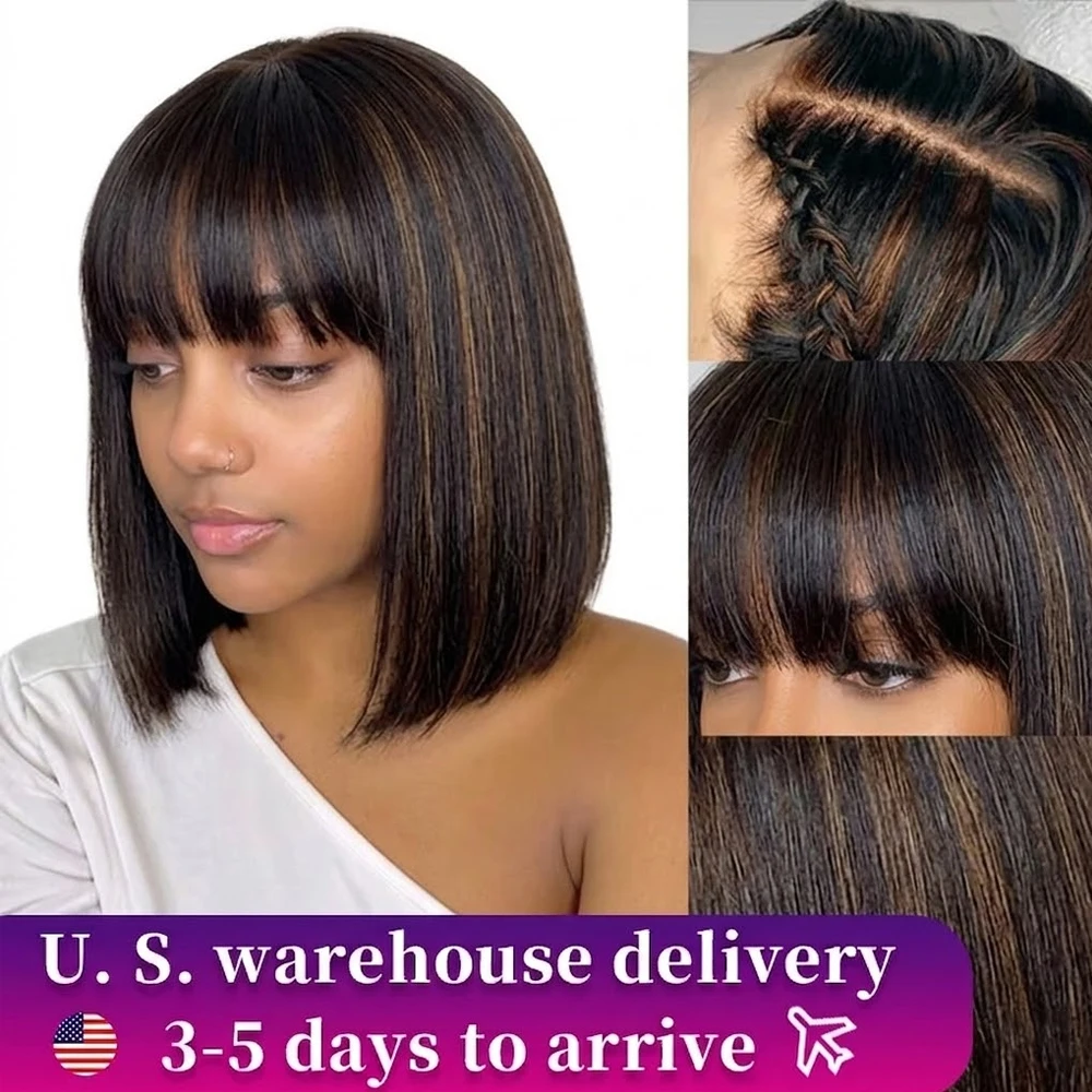 

Парик-каре 1b/30 Highlight с прямым кружевным фронтом, из натуральных волос, омбре, без клея, готовый к ношению, коричневый омбре-парик