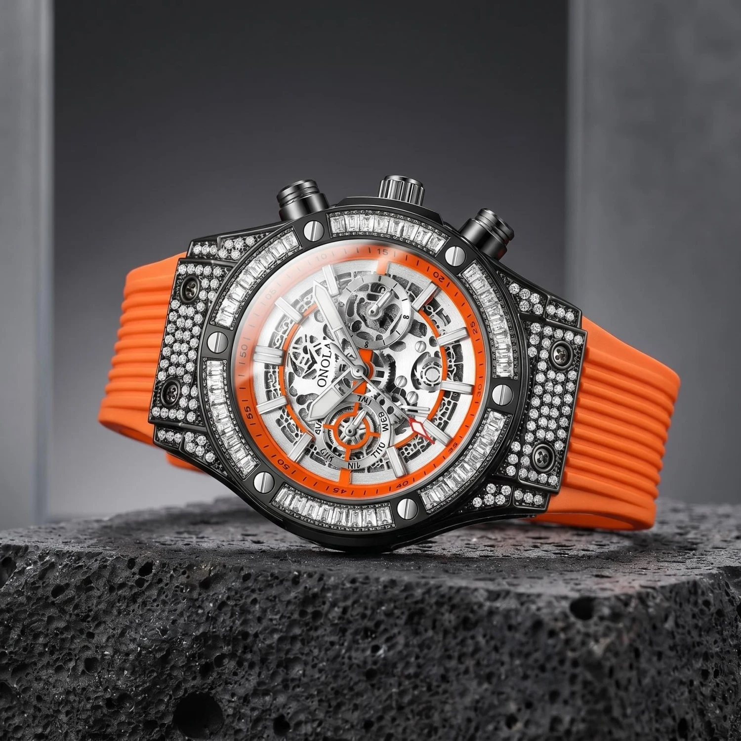 ONOLA Men's Orange Silicone Strap Hollow Dial Luxury Waterproof Sports Quartz Watch