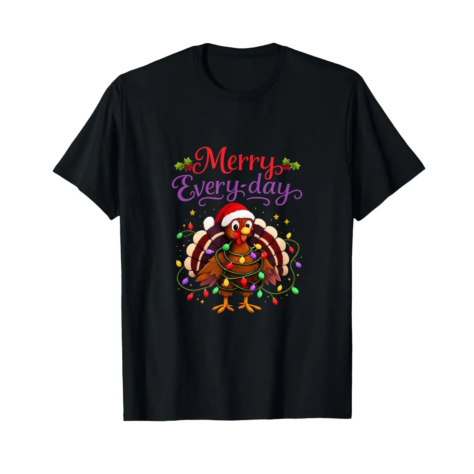 Merry Every Day Turkey Santa Farm Pun Christmas Design T Shirt vintage Washed Top For Everyday Wear Stretched Soft
