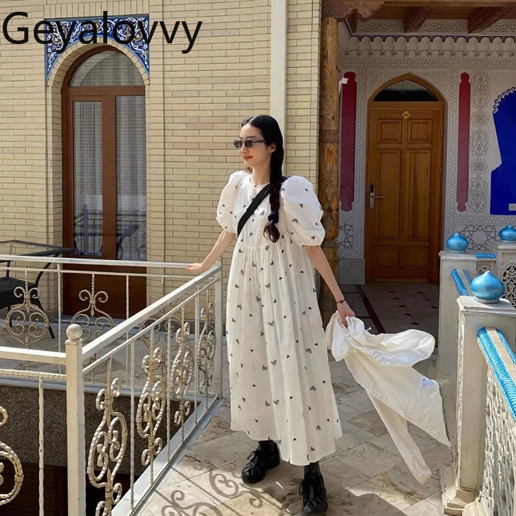 

Милые длинные платья в японском стиле для женщин, ручная роспись, вышивка в виде сердца, летняя мода, пышное свободное платье с короткими рукавами