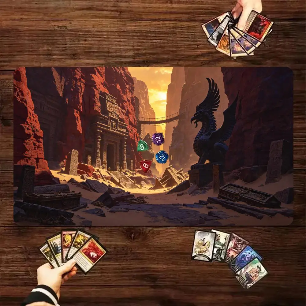 Ancient Desert Canyon Ruins Griffin Statue TCG Play mat Volcano Scene Trading Card Game Desk Mat Non‑Slip Rubber Mouse Pad