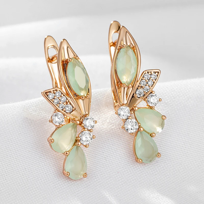 Wbmqda Luxury Green Natural Zircon Long Dangle Earring For Women 585 Rose Gold Color 2023 Trendy Crystal Flower Ear Drop Jewelry