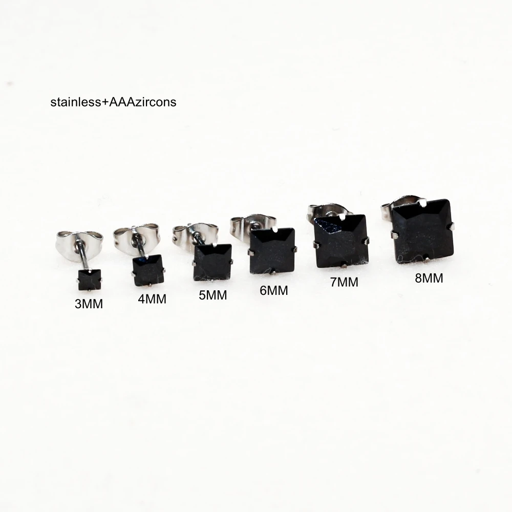 w2 Brief Style Women Men Stainless Steel Black Color AAA Square Zircons Stud Earrings No Fade Allergy Free