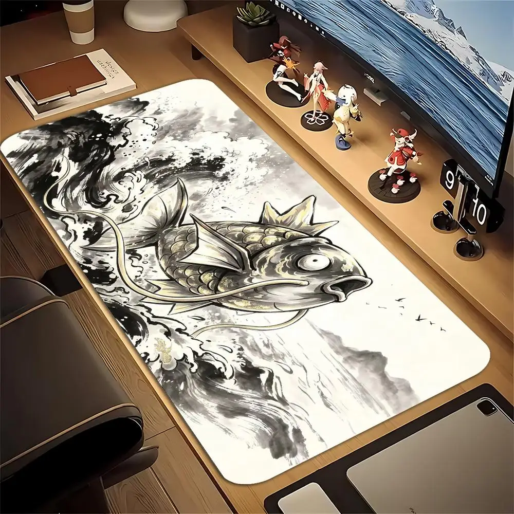 Black White Ink Golden Koi Fish Mountain Wave Large Extended Gaming Mouse Pad Chinese Splash Ink Art Non Slip Rubber  Desk Mat