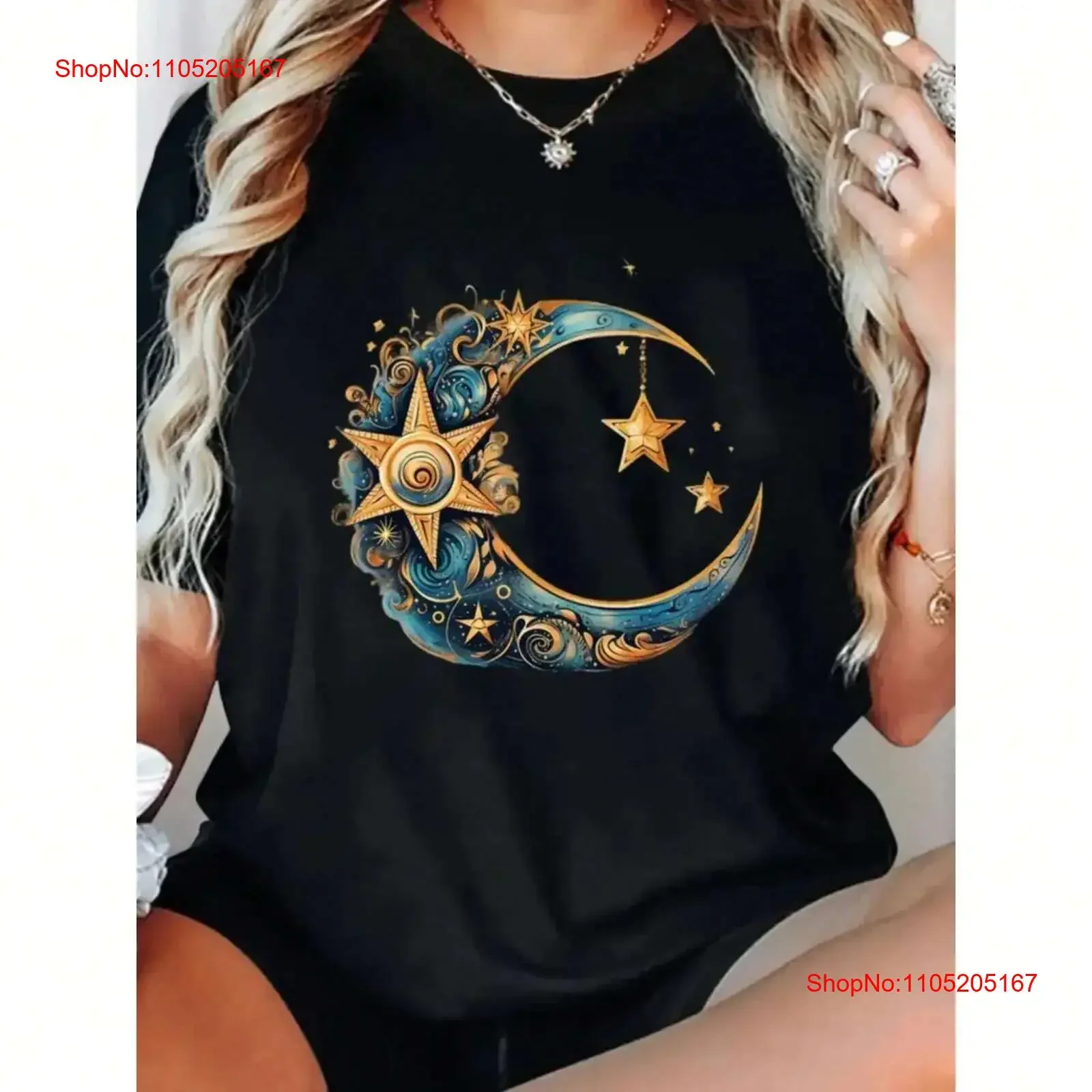 Camiseta informal azul celeste con cuello redondo, diseño Floral intrincado, Top estirado de moda lavada vintage para uso diario