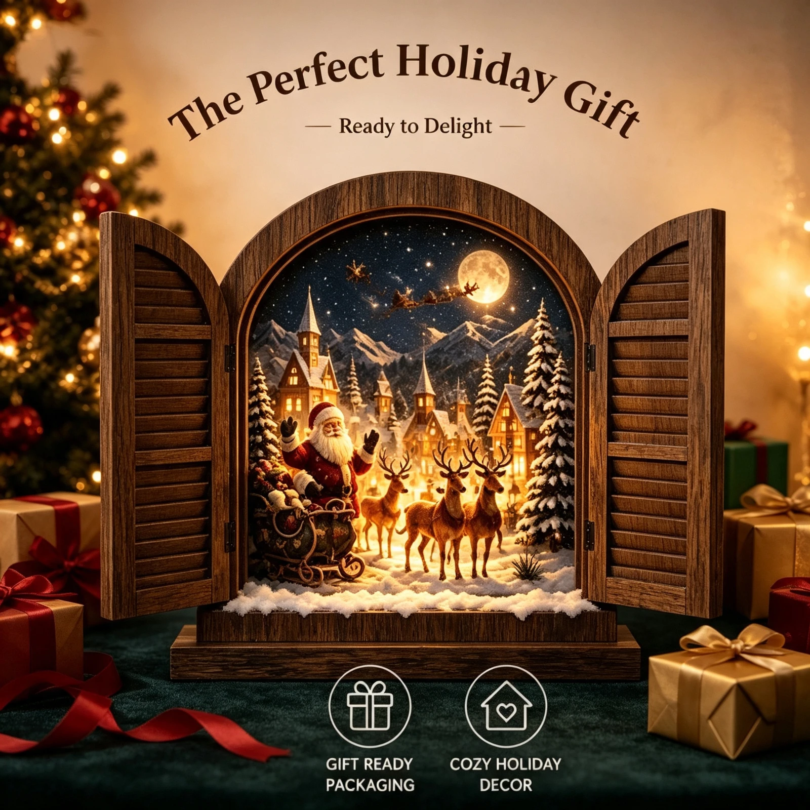 Illuminated Wooden Santa Window Light, LED Christmas Decoration Secret Village, Scene Holiday Home Decor Gift, For Kids Adults