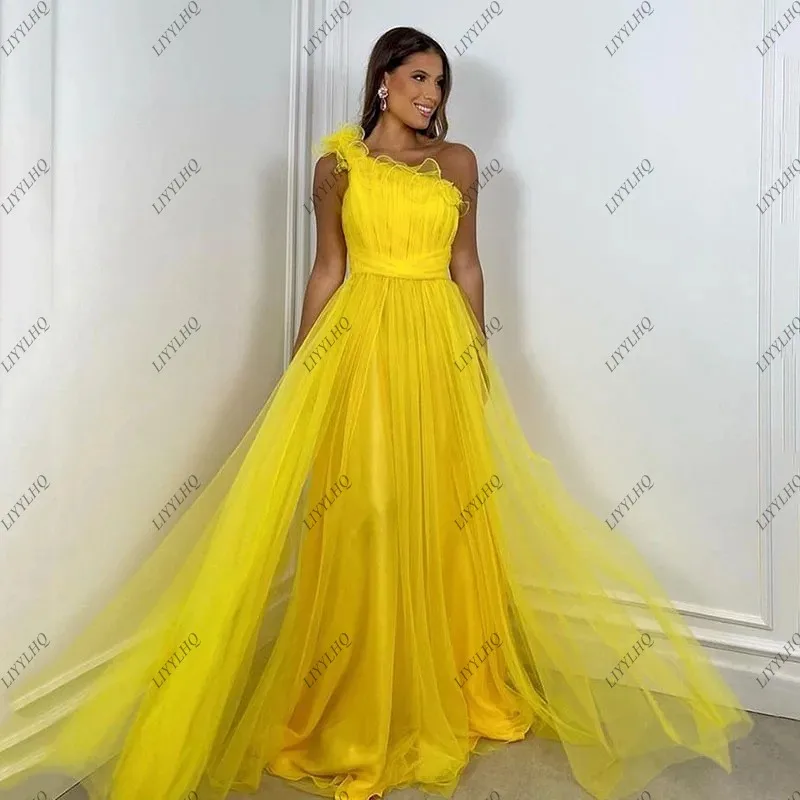 LIYYLHQ Yellow One Shoulder A Line Formal Occasion Wedding Party Dress Popular Tulle Pleat Prom Dresses Floor Length Backless Ev