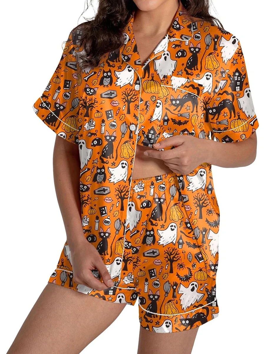 Women s Halloween Pajama Set Ghost Print Lapel Neck Short Sleeve Tops Elastic Waist Shorts 2 Piece Lounge Outfit