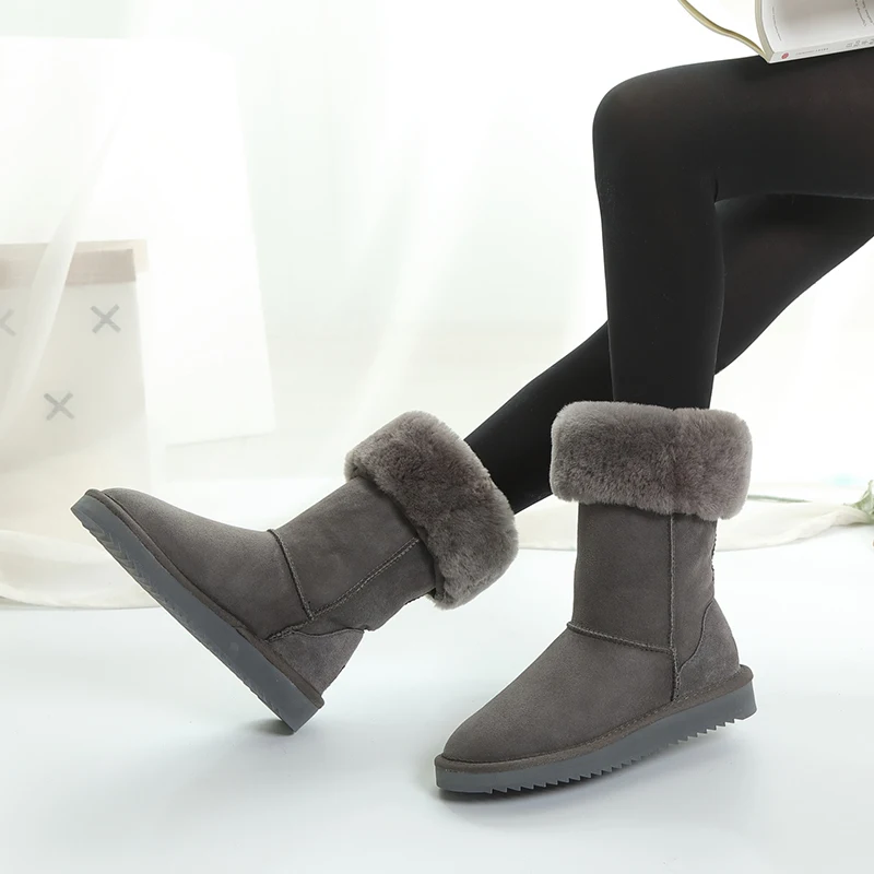 G&Zaco Luxury Winter Knee High Sheepskin Snow Boots Natural Wool Sheep Fur Boots Women Long Classic Leather Wool Boots