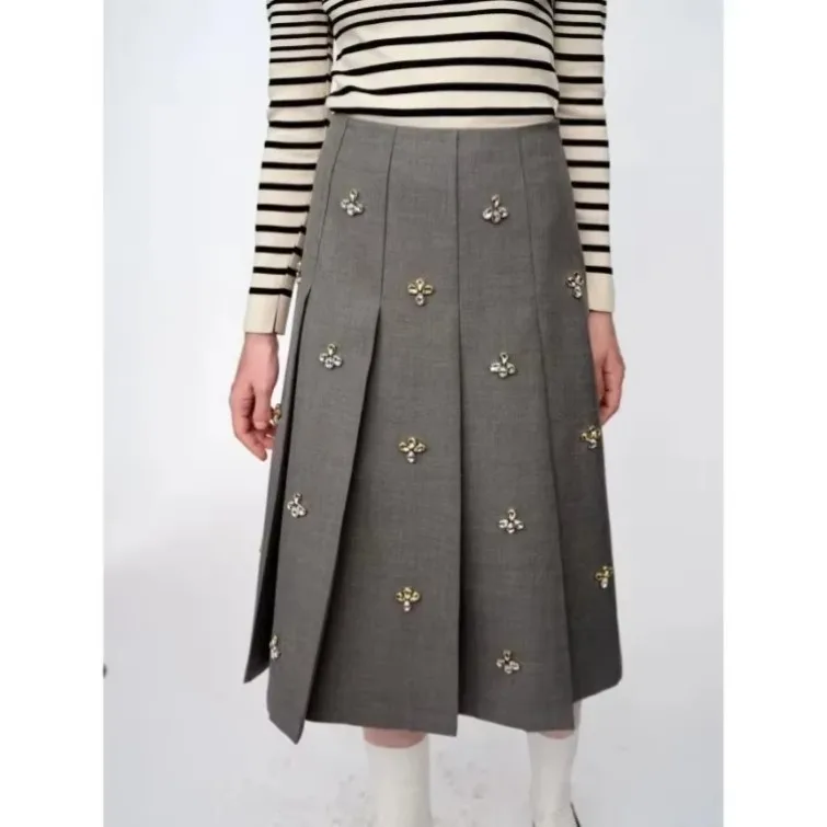 

Trend Beading Skirt for Women Korean Chic High Waist Ruched Gray Skirts New 2024 Y2k E-Girl Mid-length A-line Faldas Mujer