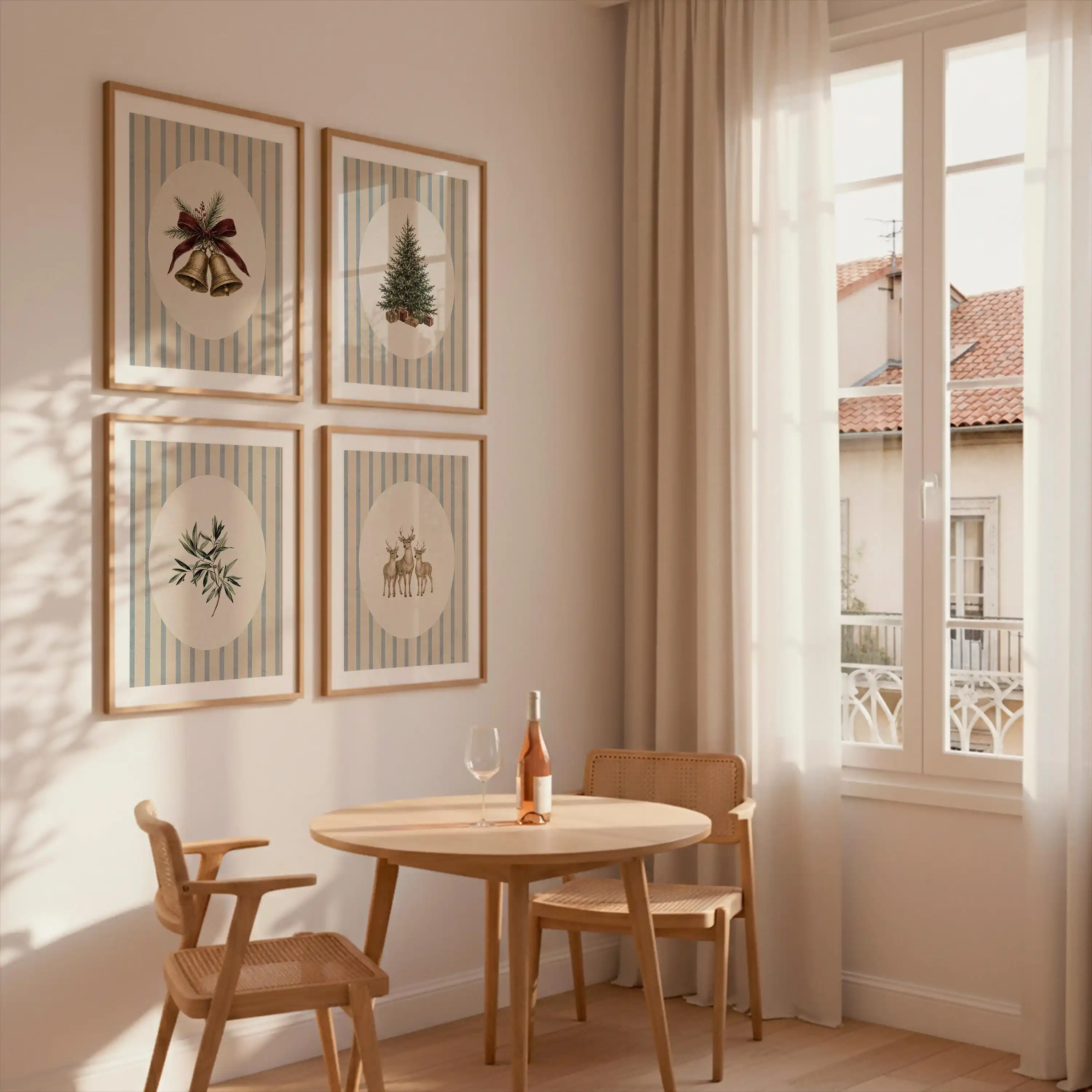 1/4pcs Vintage Christmas Print Posters Victorian Holiday Wall Art Blue Stripe Gallery Wall Posters for Living Room Bedroom Decor