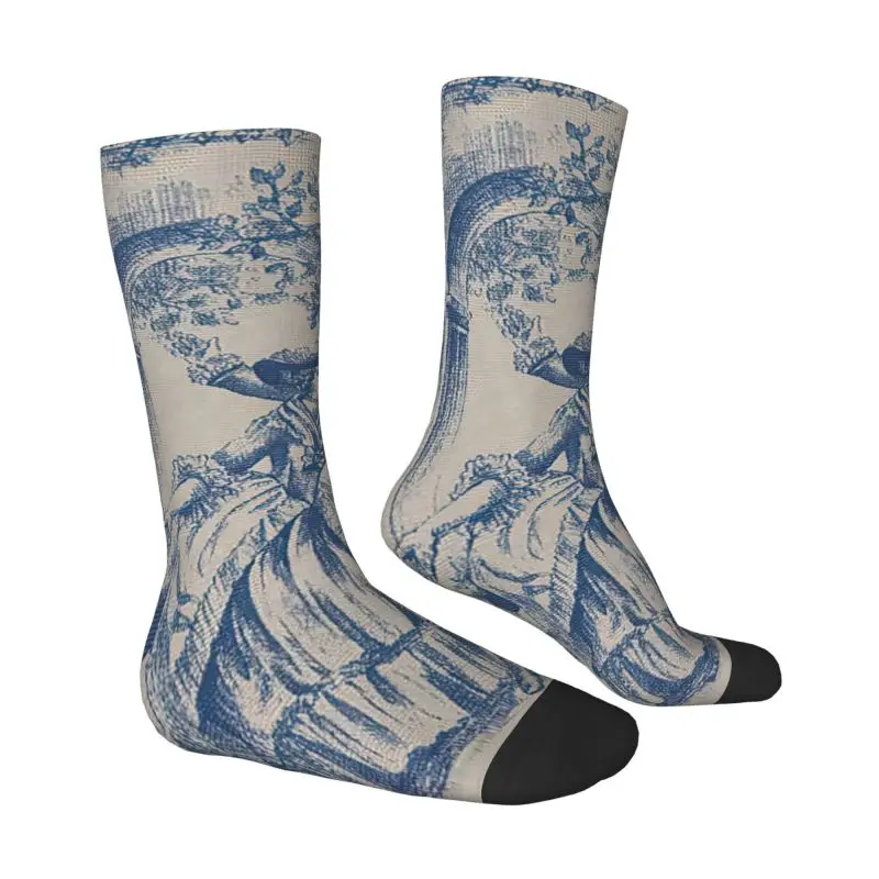 Cool Vintage France Navy Blue Toile De Jouy Motif Socks Men Women Warm 3D Printing Basketball Sports Socks