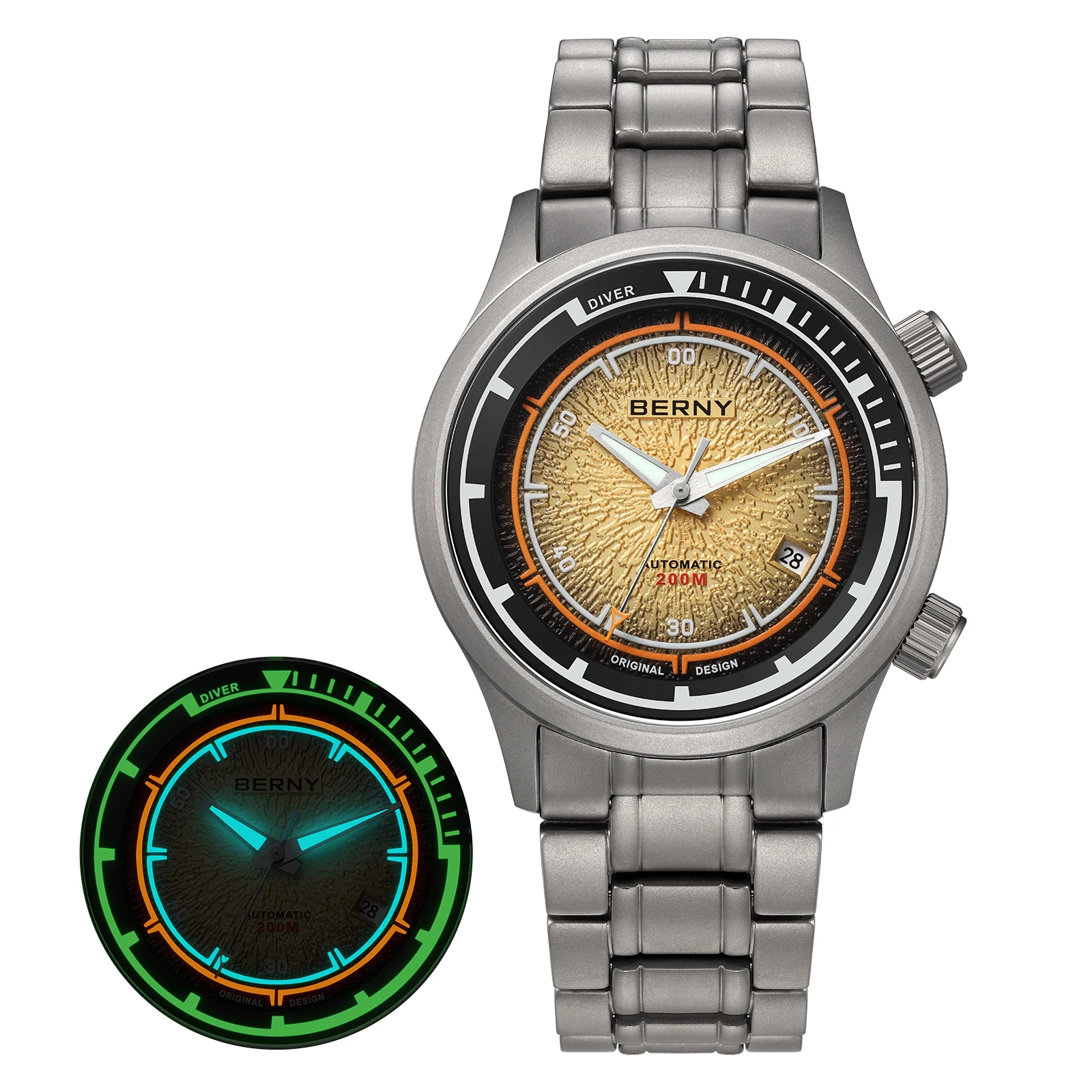 BERNY Herren-Taucheruhren, Titan, automatisch, mechanisch, superleuchtend, Herren-Taucheruhr, Saphirglas, 200 m wasserdicht, Sporttauchen