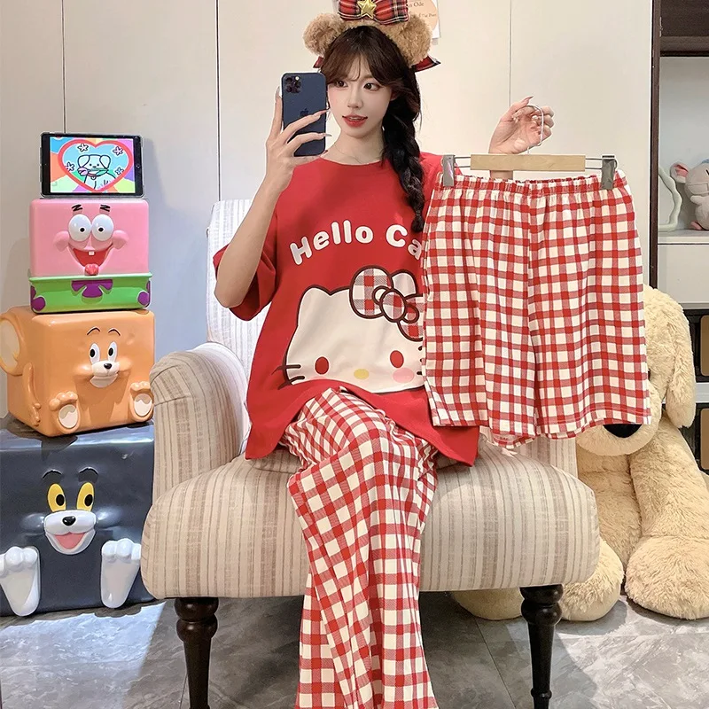 

Anime 3Pcs Kawaii Hello Kitty Women's Pajamas Set Cute Cotton Soft Comfortable Striped Y2K Leisure Summer Cute Girls Homewear