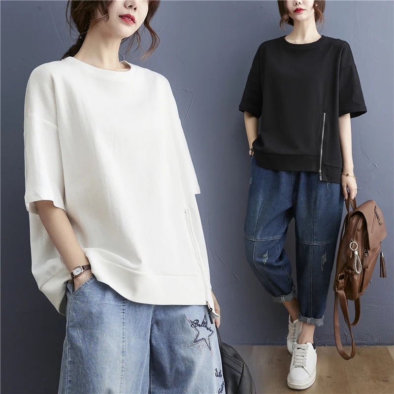 

Повседневный универсальный летний топ для полных женщин в корейском стиле с молнией