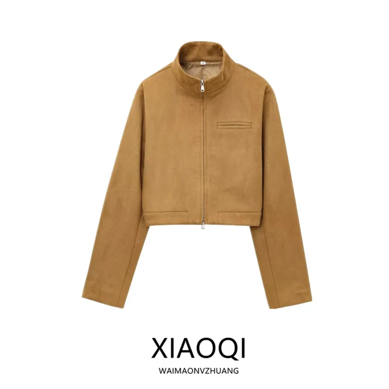 Spring 2025 New Women's Faux Leather Jaet Stand Collar Velvet Texture Outerwear Faion Versatile Loose Fit Regular Length