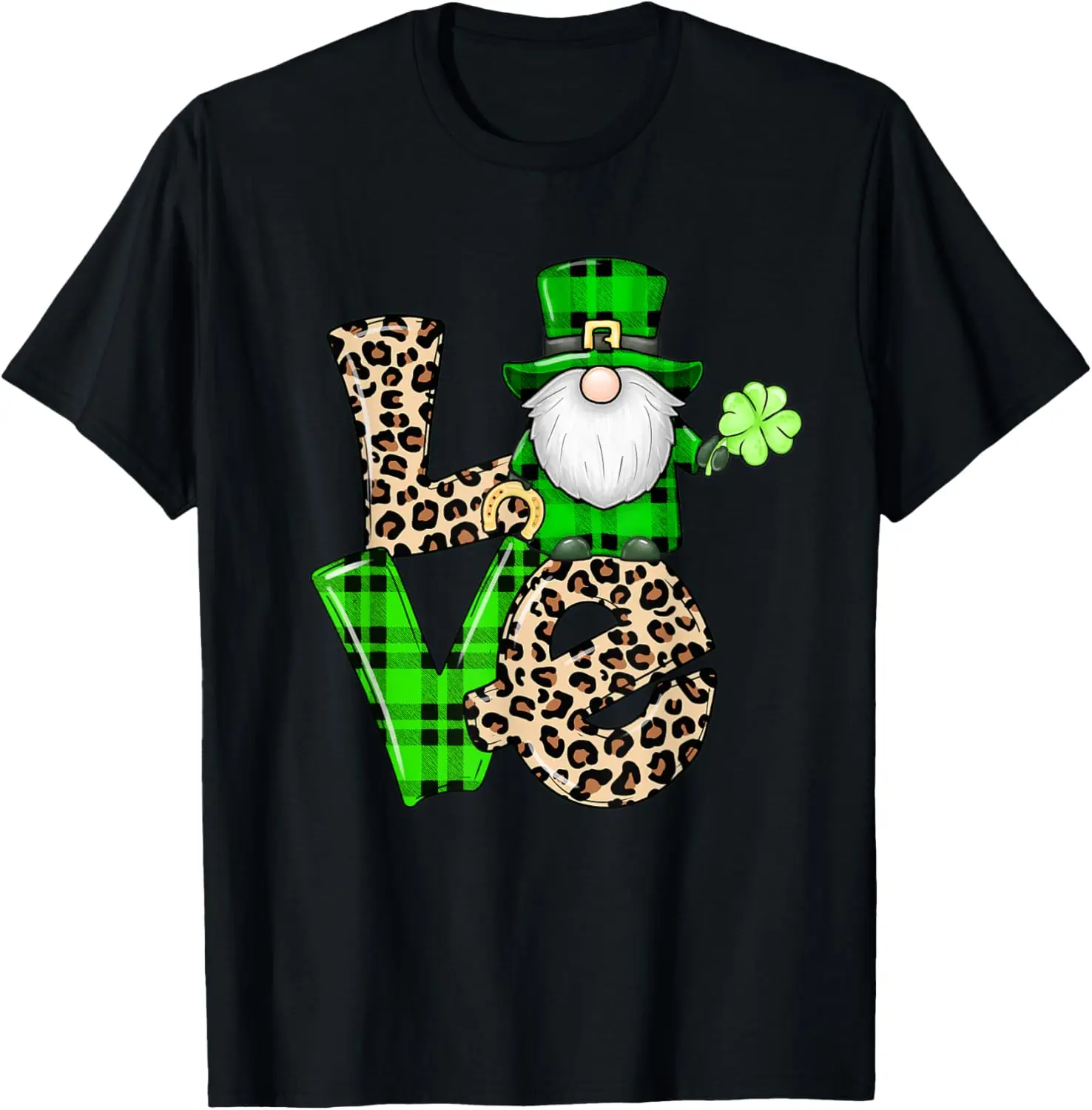 تي شيرت Leopard Shamrock Gnome LOVE St Patricks Day Graphic تي شيرت كاجوال بأكمام قصيرة للرجال #1