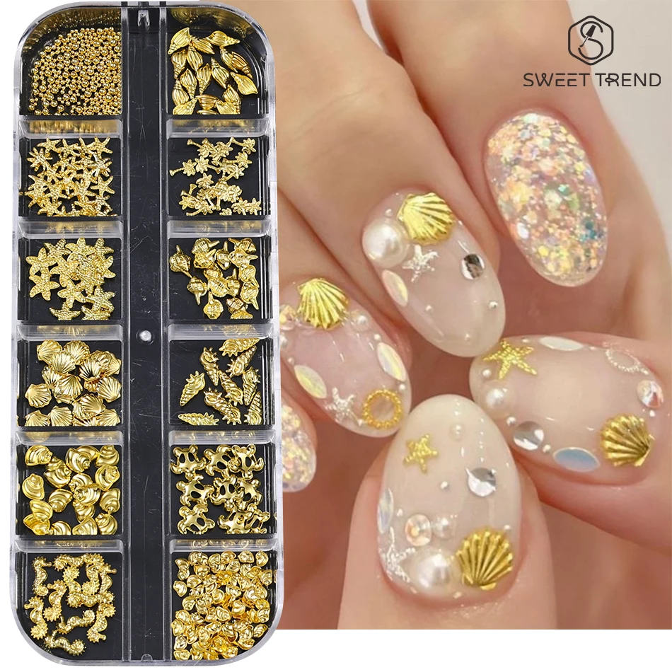 12er-Set Sommer-Ozean-Nagelkunst-Charms: 3D-Mix aus Seesternen, Muscheln, Schnecken und Perlen – DIY elegante Maniküre-Dekoration