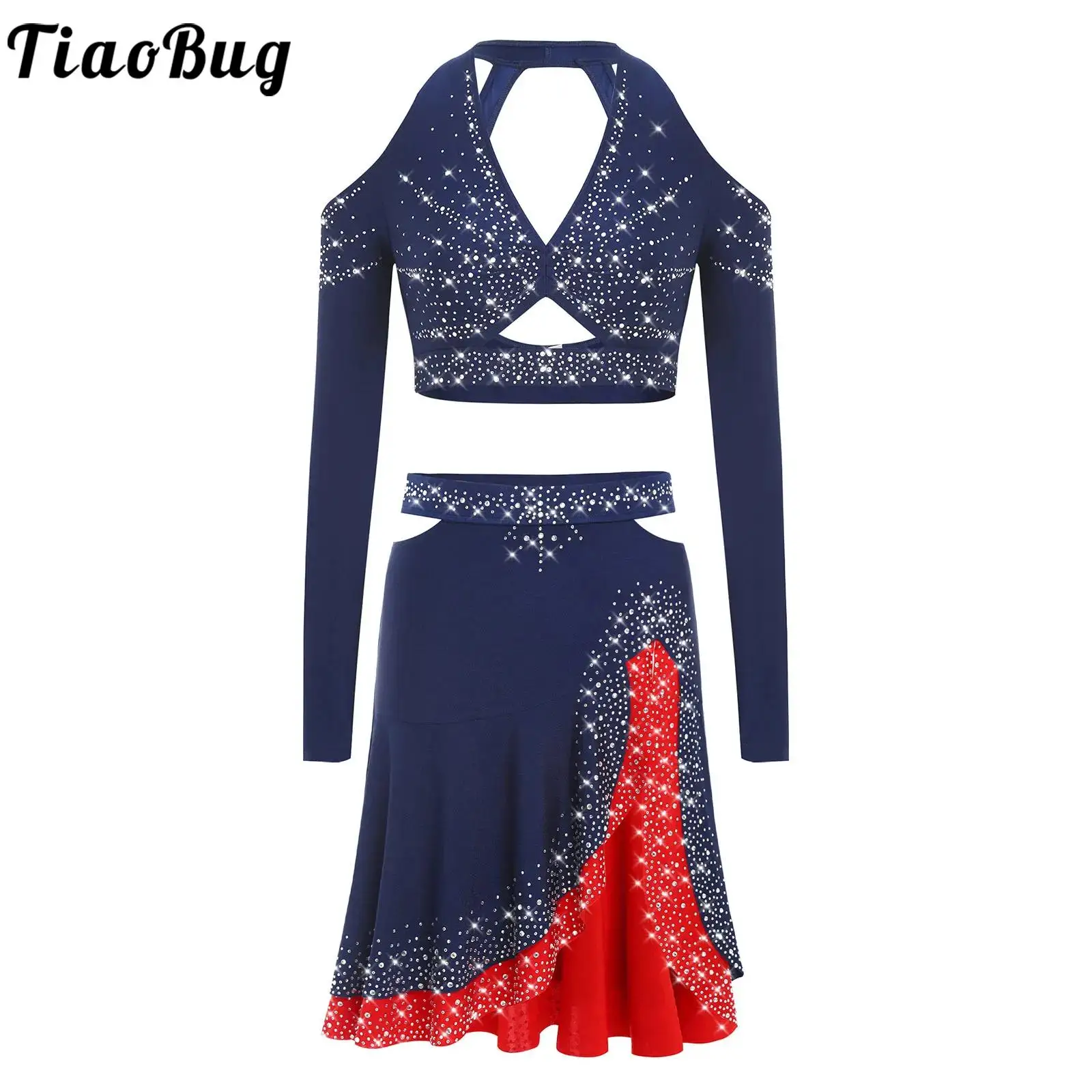 

Women Jazz Latin Dance Costume Rhinestones Halter Long Sleeves Backless Crop Top and Ruffled Skirt for Skating Lyrical Dancewear