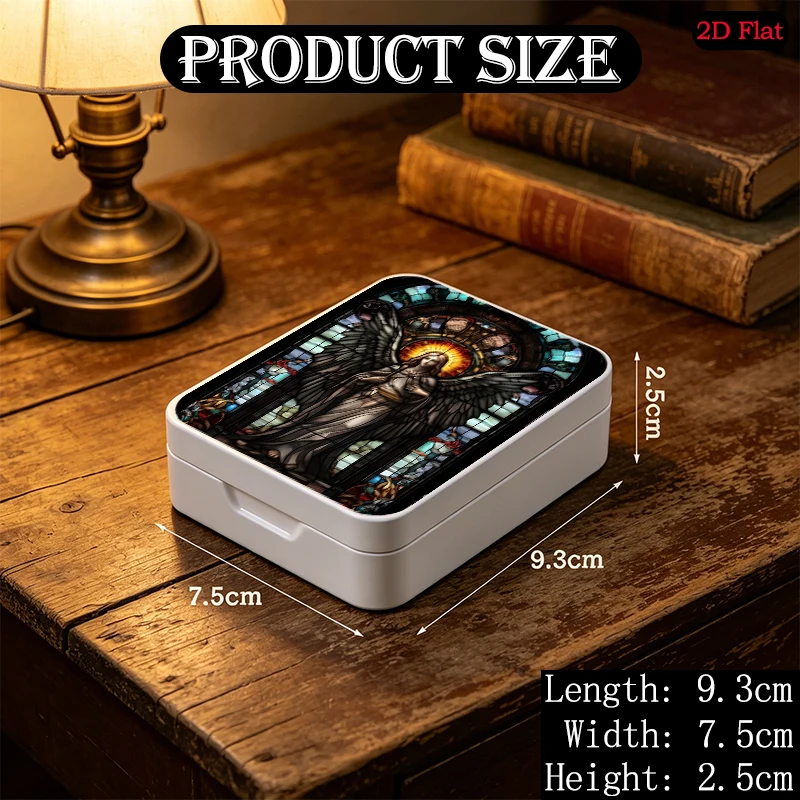 Stained Glass Angel Theme Mini Square Portable Tin Box, Pocket Storage, Travel Tin Box, Desktop Organizer & Holiday Gift