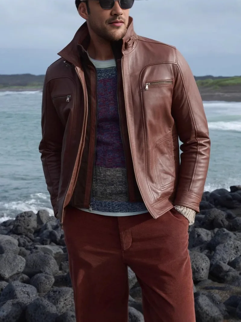 British Style Retro Men's Memphis Leather Jacket Short Zipper Lapel Motorcycle Pu Jacket Outwear