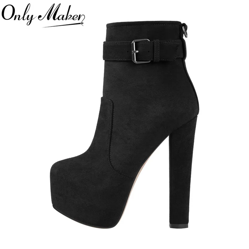 Onlymaker Women Ankle Boots Platform Round Toe Short Booties Block Chunky High Heel  Black Thick Party Dress  Zip Handmade Boots