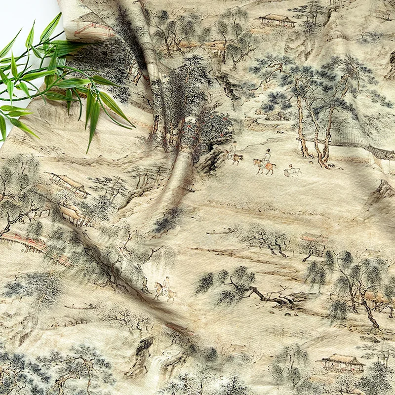 L100cm X W150cm  Cotton Brocade Fabric Chinese Style Landscape Print Pavilions Among Pines Dress Qipao Hanfu DIY Craft Material