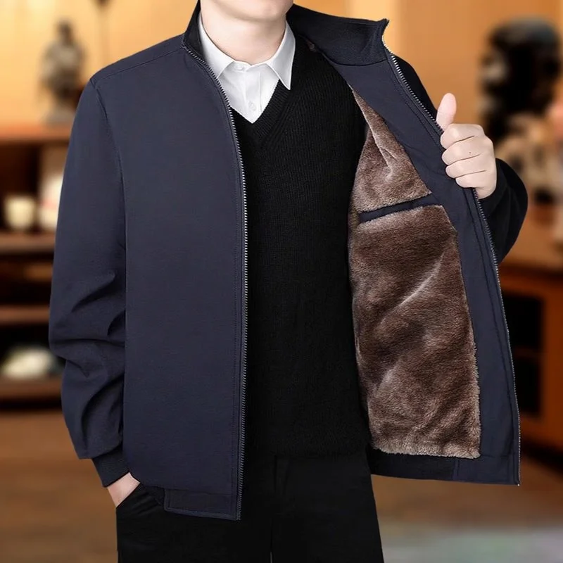 

Мужская утепленная куртка на флисовой подкладке для мужчин среднего и старшего возраста, весна-осень-зима, теплая, свободного кроя, больших размеров, с воротником-стойкой