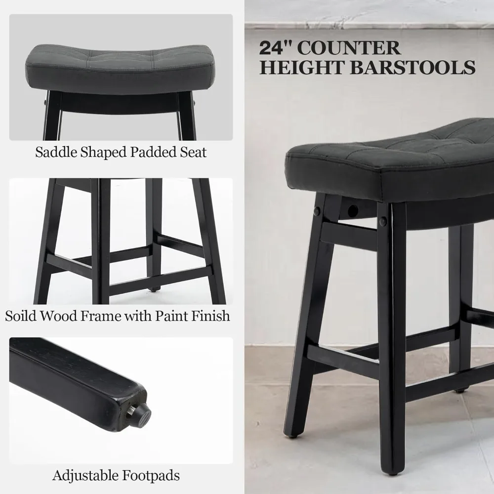 Set of 3 Counter Height Stools, Upholstered Leather Seats, Solid Wood Legs, 24 Kitchen Bar Stool