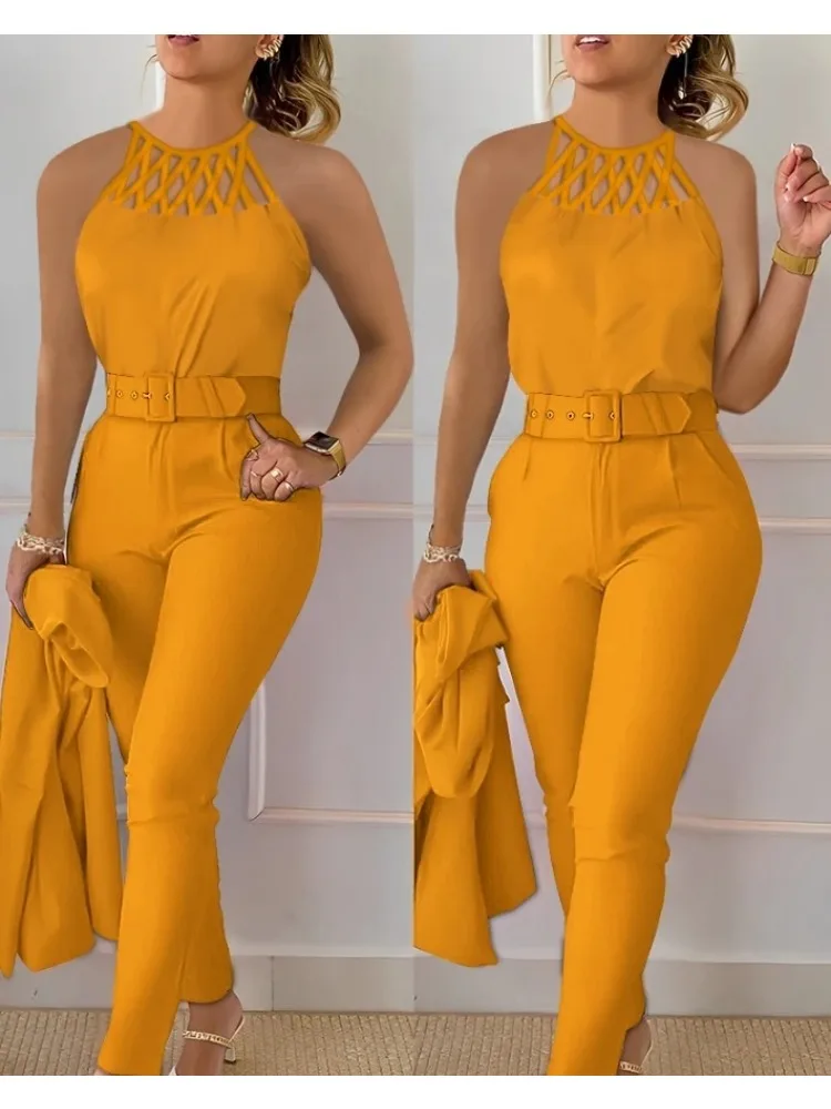 CPSYMYM – ensemble deux pièces pour femmes, tenue d'été ajourée, col rond, débardeur sans manches et poche décontractée, ensemble pantalon quotidien