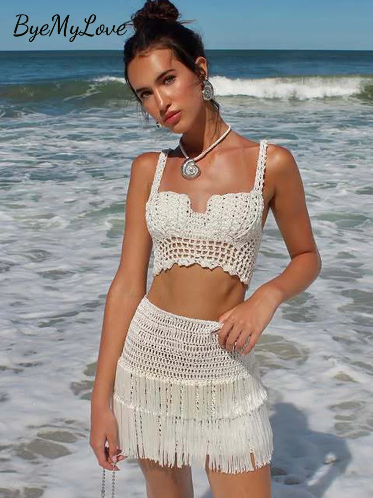 

ByeMyLove Beach Crochet Bralette & Fringe Skirt Set Summer Knitted 2 Piece Outfit Sleeveless Boho Chic Set Fashion