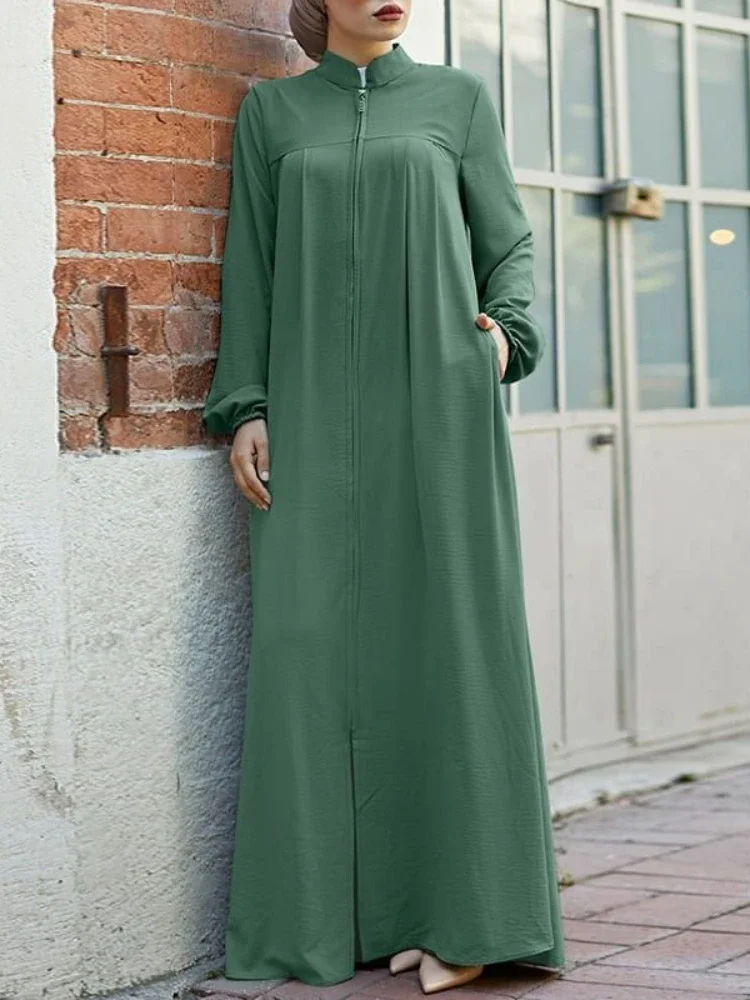 Jalabiya Dress Women Long Sleeve Muslim Eid Casual Stand Collar Abaya Caftan Kaftan Dresses Ramadan Abayas Vestido Zipper Robe