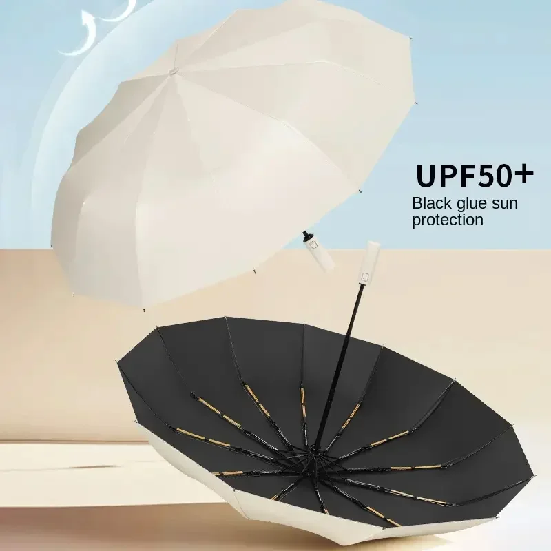 Auto Folding Outdoor Umbrella Triple Fold Sun Rain Resistant Impact Fabric with Black Coated UV Protection
