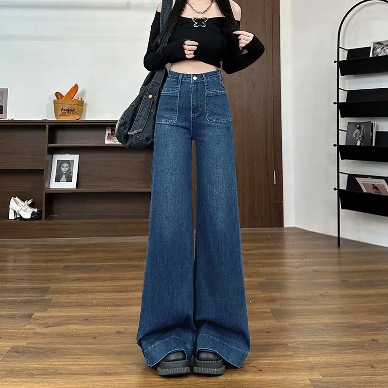 

Deep Blue High Waist Wide Leg Denim Pants Women's Autumn 2024 New Design Sensation Drapey Flared Jeans Commute Style High Ela...