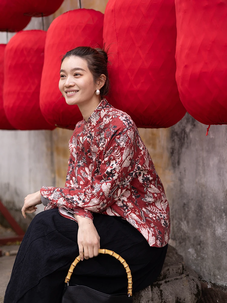 

Thiened Linen Digital Printing Traditional Chinese Long Sve irt Stand Collar Artistic Small Top New Year's Clothing