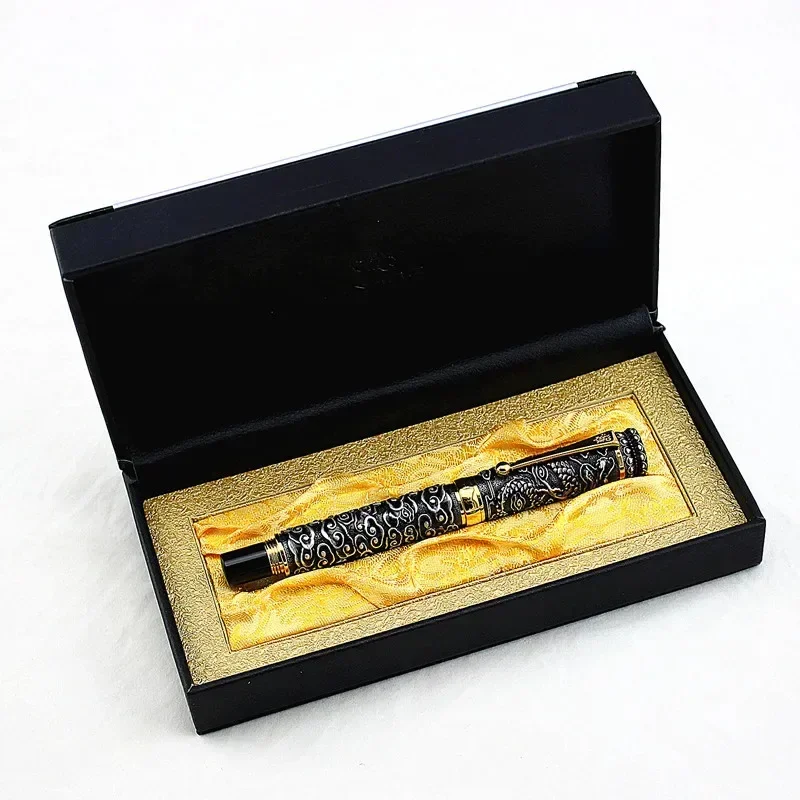 New Jinhao Vintage Rollerball Pen Dragon Playing Pearl, Ancient Gray Metal Carving Embossing Heavy Pen Leather Gift Box Selectio