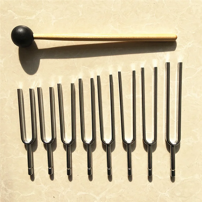 Juego de horquilla de afinación de acero, herramientas de terapia de vibración de mazo, 256-512HZ, 8 paquetes