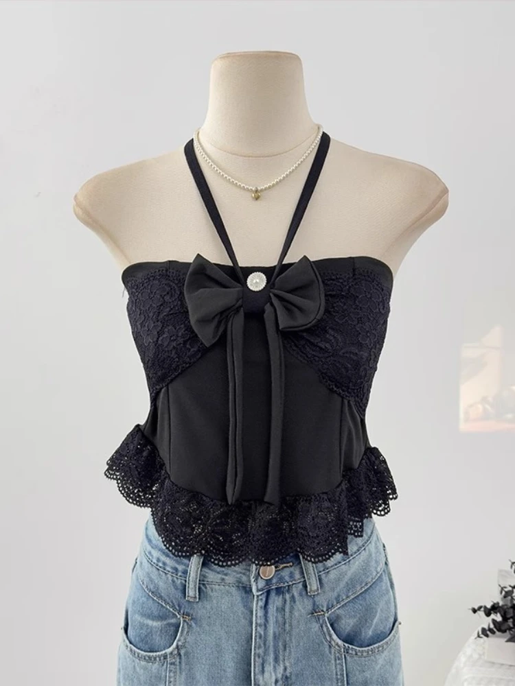 

Hot Girl Sexy Camisole Women's Summer New Off-Shoulder Bow Halter Top Fashion Y2k Lace Stitching Slim-Fit Short Top Sling Female