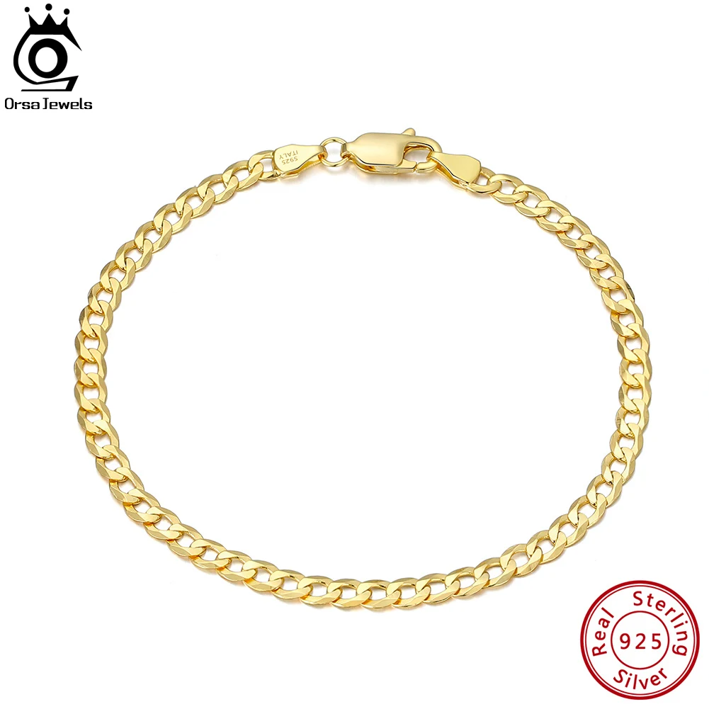 

ORSA JEWELS 925 Sterling Silver 3mm Cuban Link Curb Chain Bracelet 18K Gold Italian Cuban Bracelet Jewelry for Men Women SB123