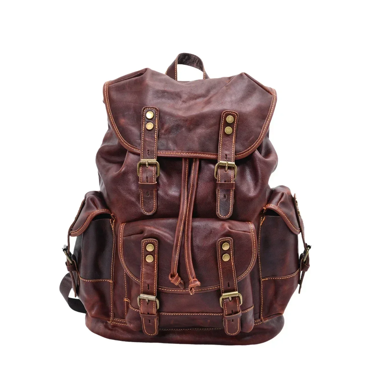 Vintage vegetable tanned leather rucksack large capacity multi-pocket casual backpack for outdoor travel and computer carrying